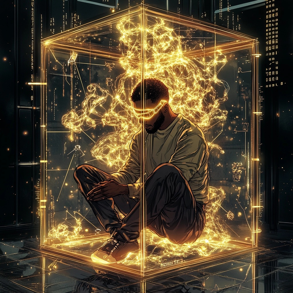 A man in a suit wearing a glowing VR headset, symbolizing mental clarity and digital power, surrounded by golden light, representing the moment of reclaiming control from overthinking.
